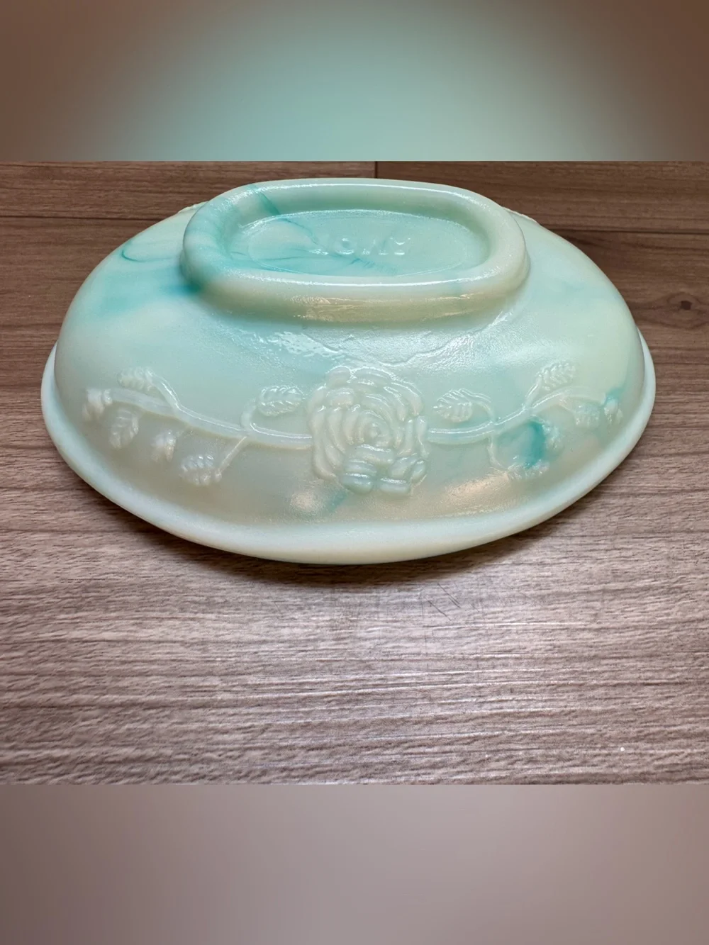 vintage 1970s Avon soap dish & bowl slag glass teal white jadeite-like finish